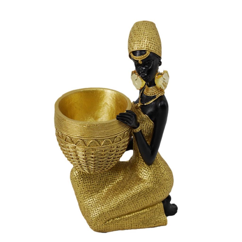African Girl Holding A Plate Sculpture, Home and Office Decorative Storage Ornament, Vintage Collectible Craft Deskt Decor