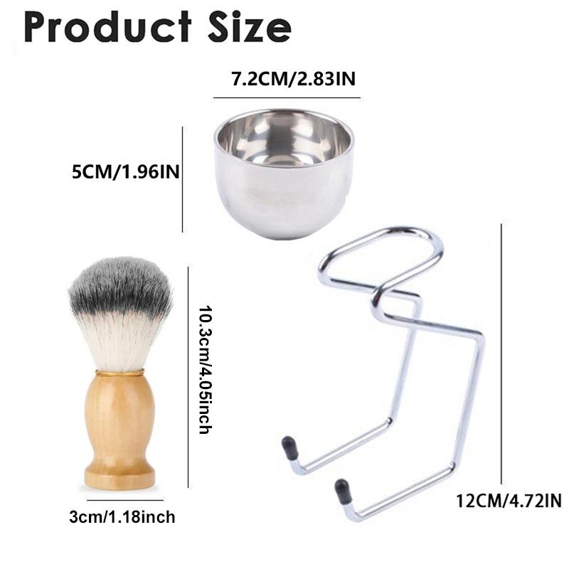 3pcs Men Shaving Brush Kit Wooden Handle Shaving Brush Stainless Steel Soap Bowl with Metal Stand Professional Face Beard Cleaning Grooming Tool Set