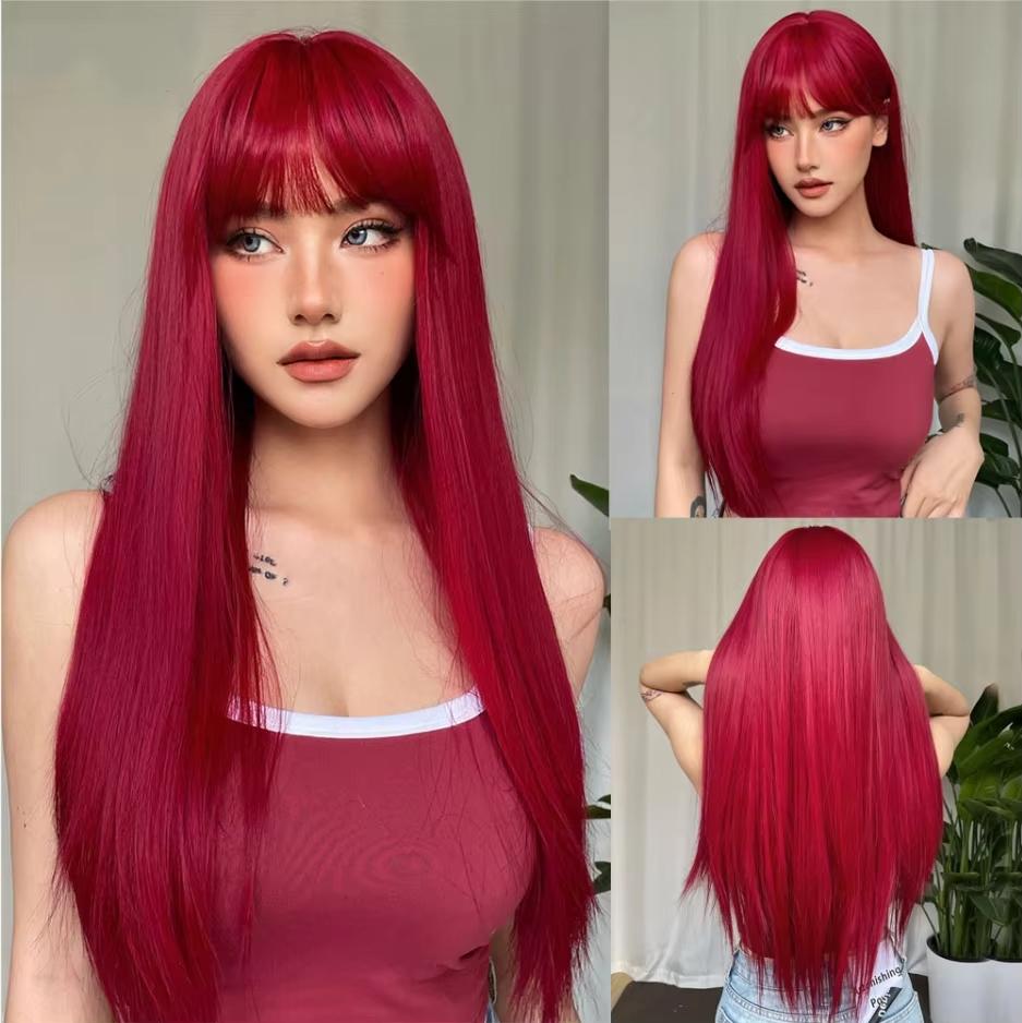 White Long Straight Synthetic Wigs for Women Colorful Cosplay Party Fake Hair with Bangs White Wig HighTemperature