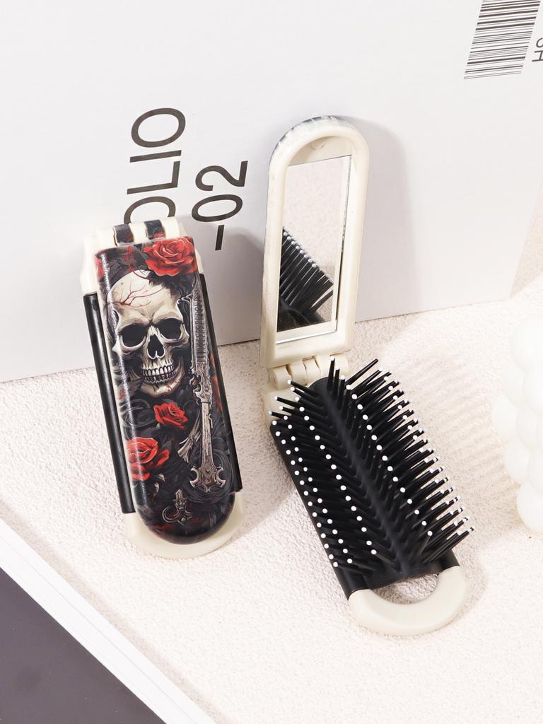 1pc Skeleton Flower Cross Pattern Folding Haircomb with Built in Mirror for Gentle Combing and Styling