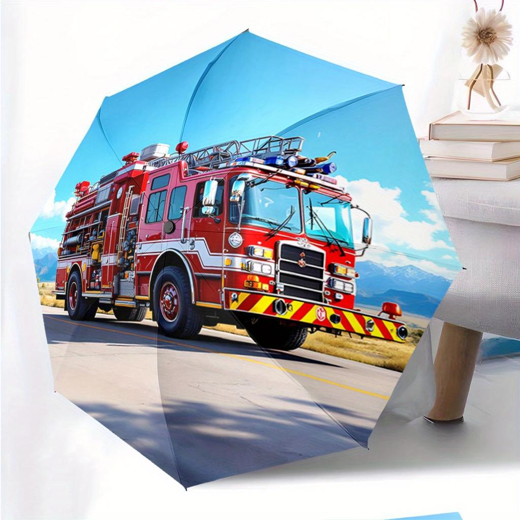 Fire Truck Design Automatic Open Folding Umbrella - 8-Rib Durable Frame, Compact Portable for Travel, Casual & Formal Use, Sty