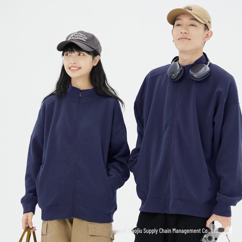 350g Unisex Stand Collar Zipper Sweatshirt - Thin, Solid Color, Drop Shoulder with Custom Logo Print for Spring & Autumn