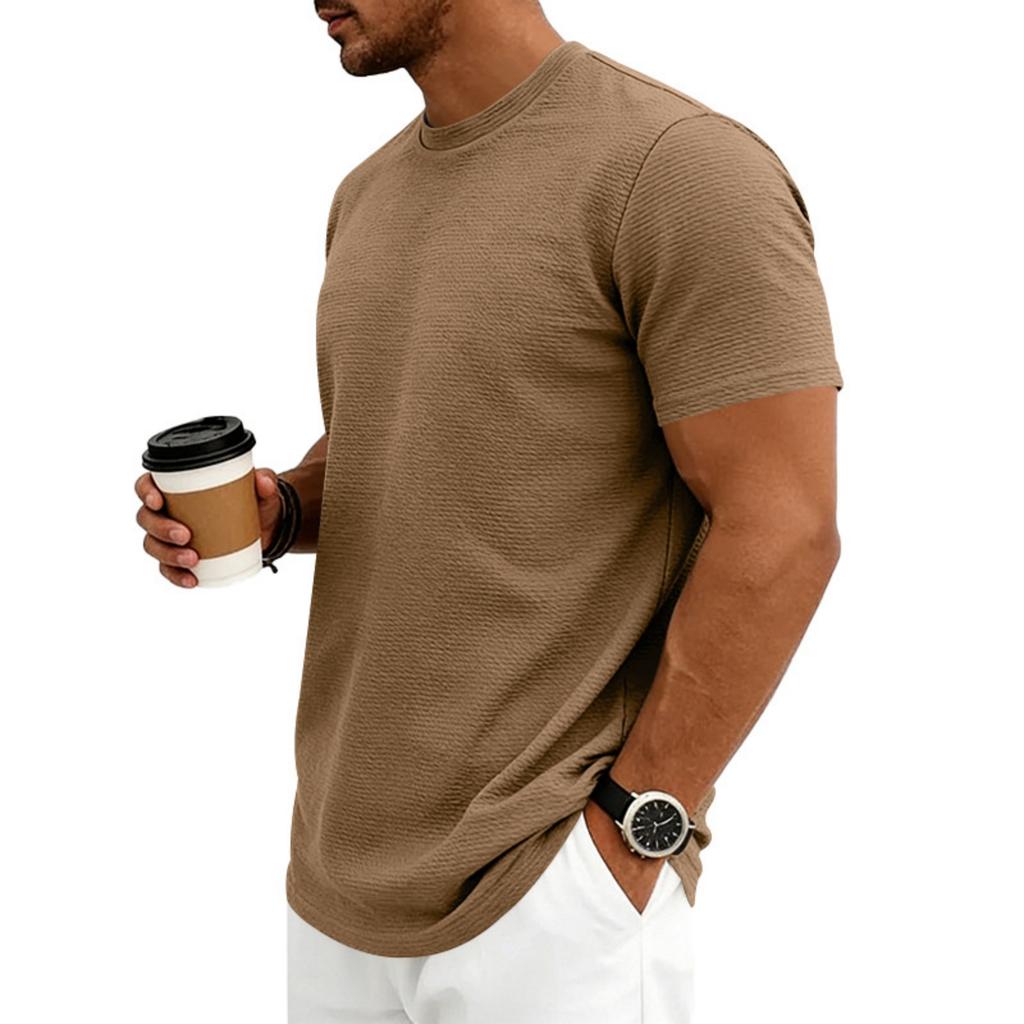 Men's Textured Fabric Loose Stretch Round-neck Short-sleeved Shirt