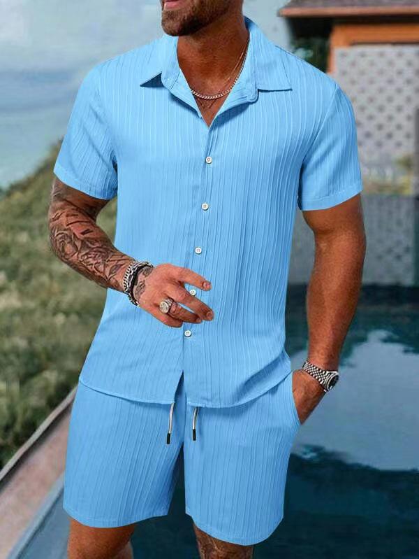 2023 Herren Sommer Freizeit Kurzarmhemd & Strandhosen Set 4X Large hellblaue