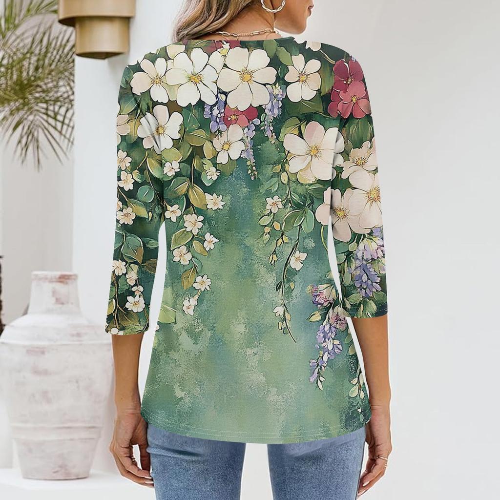 Women's T Shirt Tee Print 3/4 Sleeve Daily Weekend Fashion Basic V Neck  Regular Top