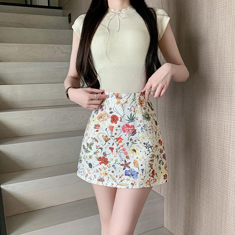 

K-style Spring/Summer New Fresh Floral A- line Small Sweet High Waist Slim Looking Lady Sheath Skirt for Women Color(Figure) XL
