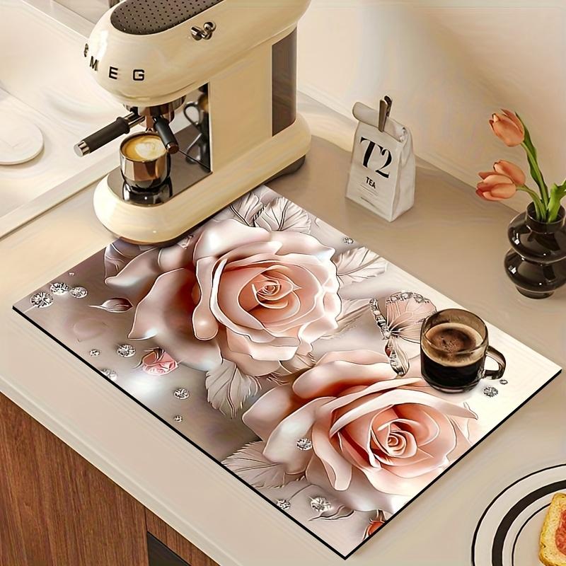 1Pcs Rubber Drying Mat With Floral Print For Coffee Shop Restaurant Kitchen Carpet Tableware Durable Diatom Mud Table Mat Pet Mat Coffeeware