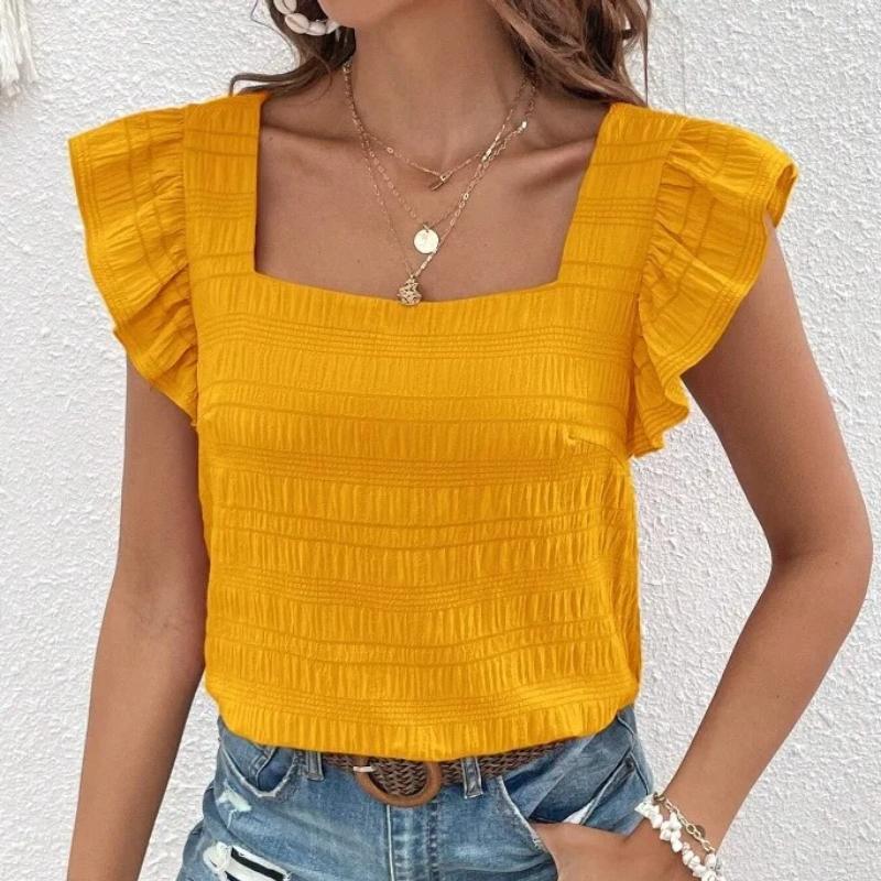 Solid Color Casual Blouses for Women Fashion Summer Fashion Women's Shirts Elegant Sweet Loose Ruffles Sleeve Female Tops