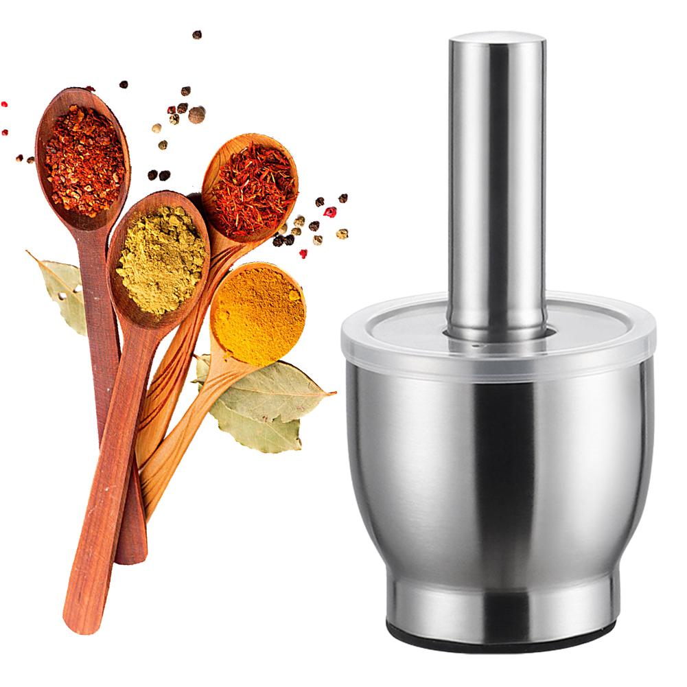 304 Stainless Steel Manual Garlic Pounder Anti-Slip Multifunction Pill Crusher Rust Proof Mortar and Pestle Set for Home Kitchen