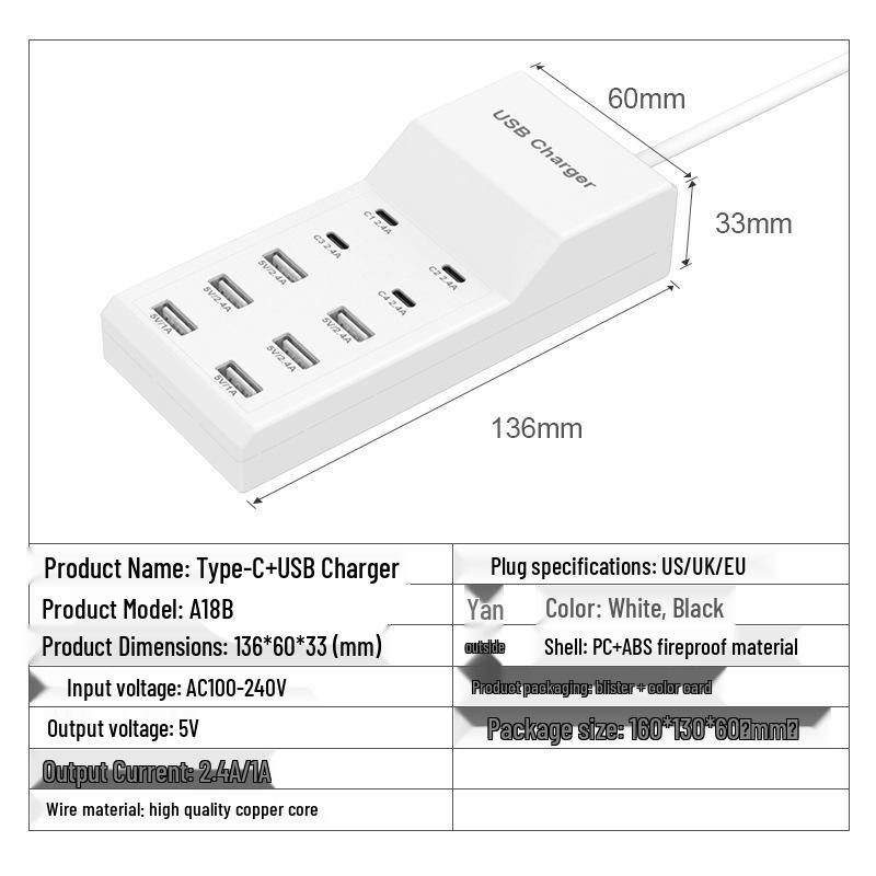 10-Port USB-C Fast Charger Power Strip, 5V2A, Safe Socket for Apple, Huawei, Xiaomi