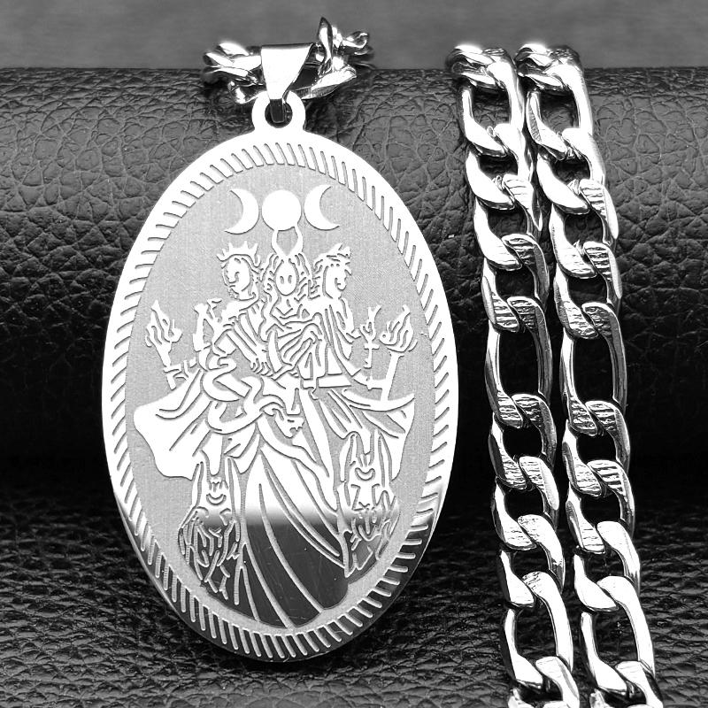 Triple Moon Goddess Necklace Stainless Steel Gold Color Ancient Greek Punk Jewelry for Women Men