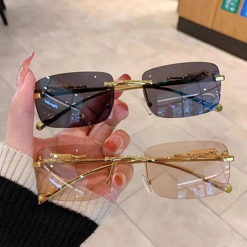 Square Rimless Sunglasses Women Men Cut Edge Golden Leopard Small Frame Sun Glasses Designer Retro Shade Eyewear Uv400