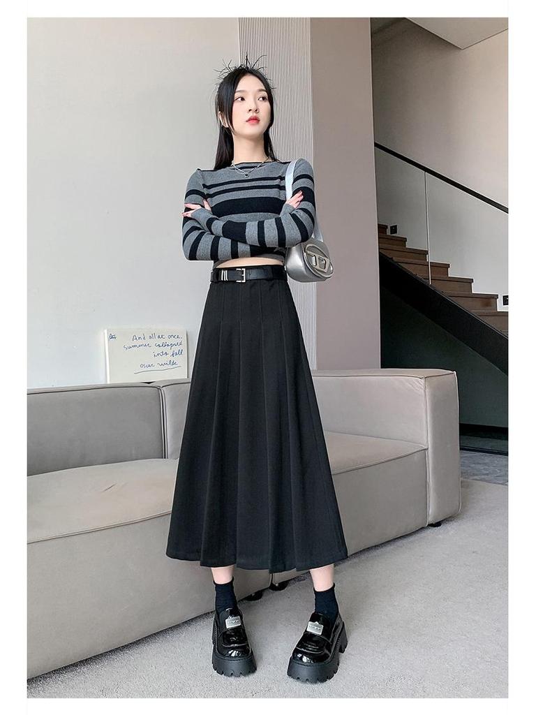 High-Waisted A-Line Pleated Midi Skirt - Elegant, Slimming Autumn Style for Women