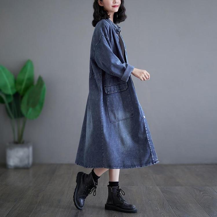 Vintage Denimmantel Frühling Damen Übergröße Lässig Lange Jacke Locker Übergröße Baumwolle Taschen