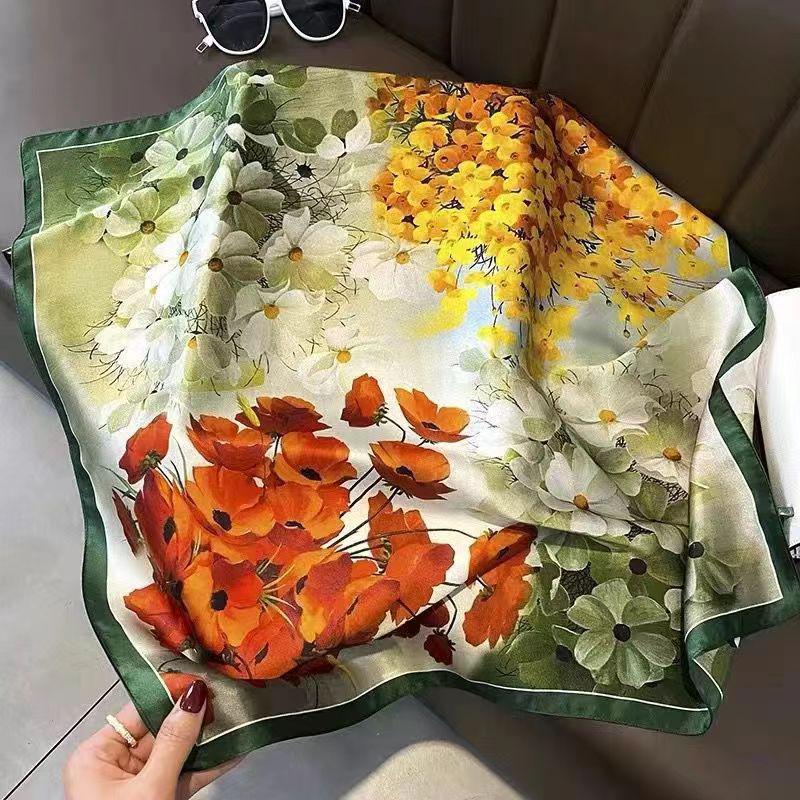 High-End Women's Lightweight Silk Square Scarf - Temperament Print Neckerchief for Neck Protection and Decoration.
