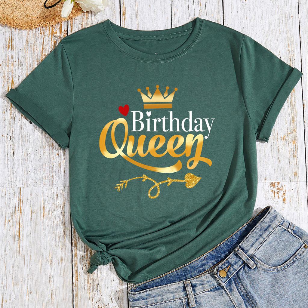 Queen Birthday Pattern Cotton T-Shirt Short Sleeve Round Neck Women 2d Print Tops