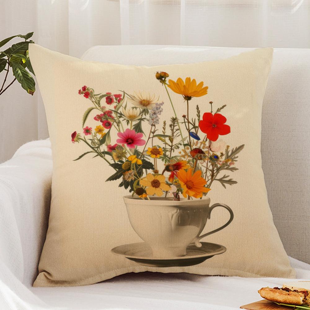 Painting Cup of Flowers Cushion Cover Premium Comfort Reversible Pillow Cover - Dual - Use Design for Home & Car