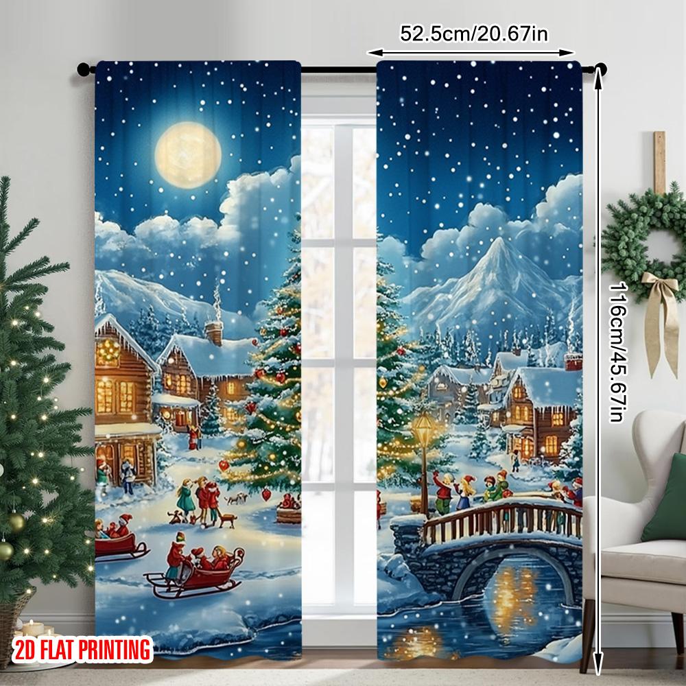 2ks 2D plochý tisk Veselé Vánoce Párty Závěsy Sníh Vánoční scéna se světly a chatkami Polyester Bez elektřiny
