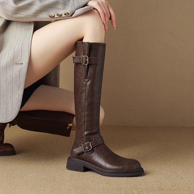 Moda Outono Inverno Bico Redondo Couro Salto Médio Botas Longas Femininas Y2k Venda Quente Chique e Elegante Trabalho Senhoras Cano Alto Sapatos