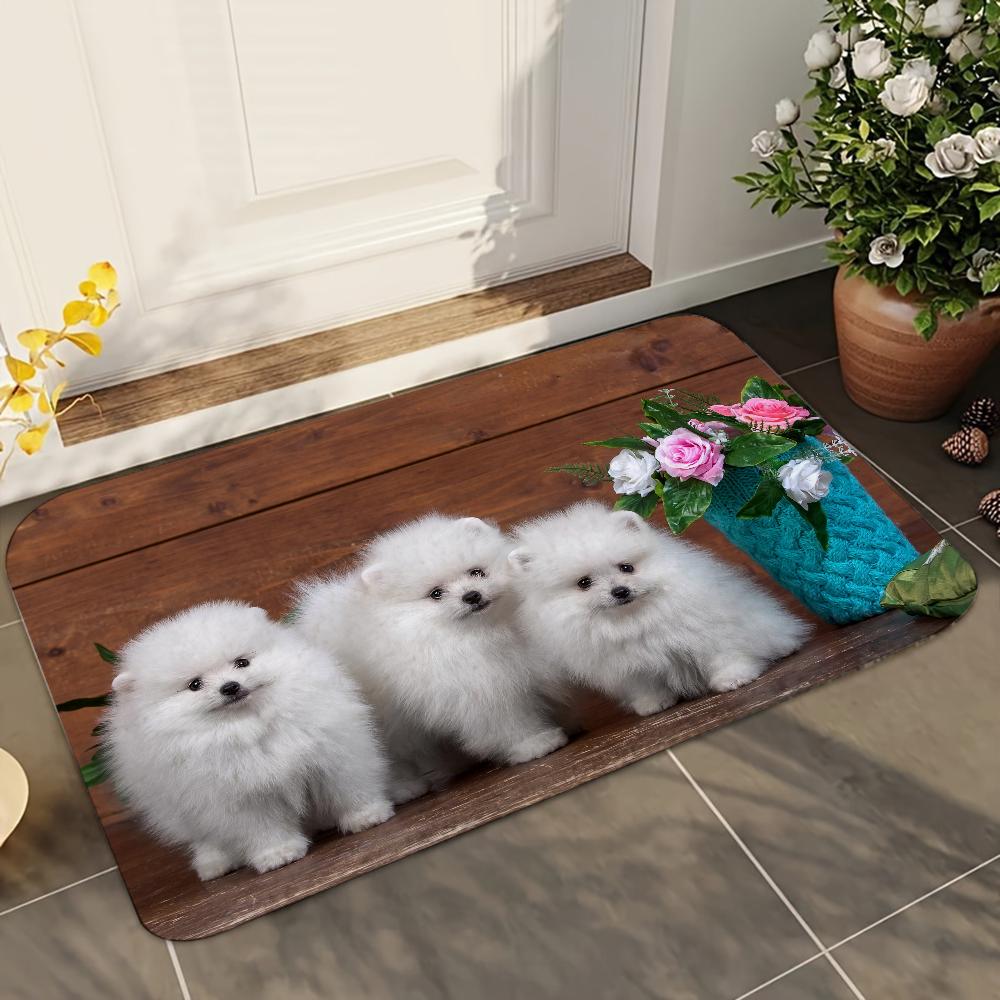 1pc Cute Pomeranian Dogs Bathroom Absorbent Mats Anti-Slip Mats Home Decor Supplies Carpets Home Kitchen Floor Mats