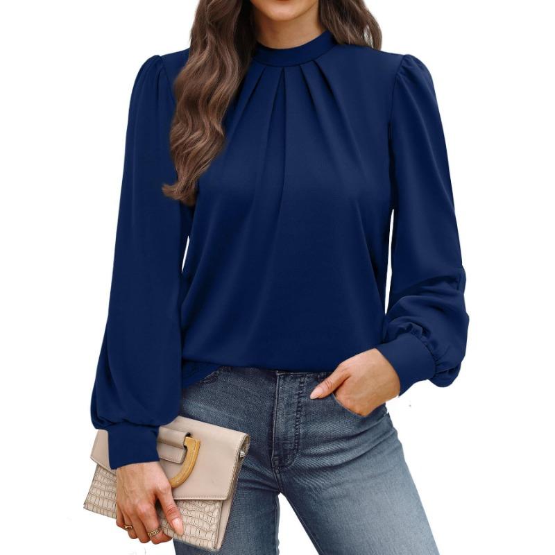 Spring Autumn Stand Collar Loose Casual Elegant Pullover Blouse Women Long Sleeve Solid Color Folds Shirt Top