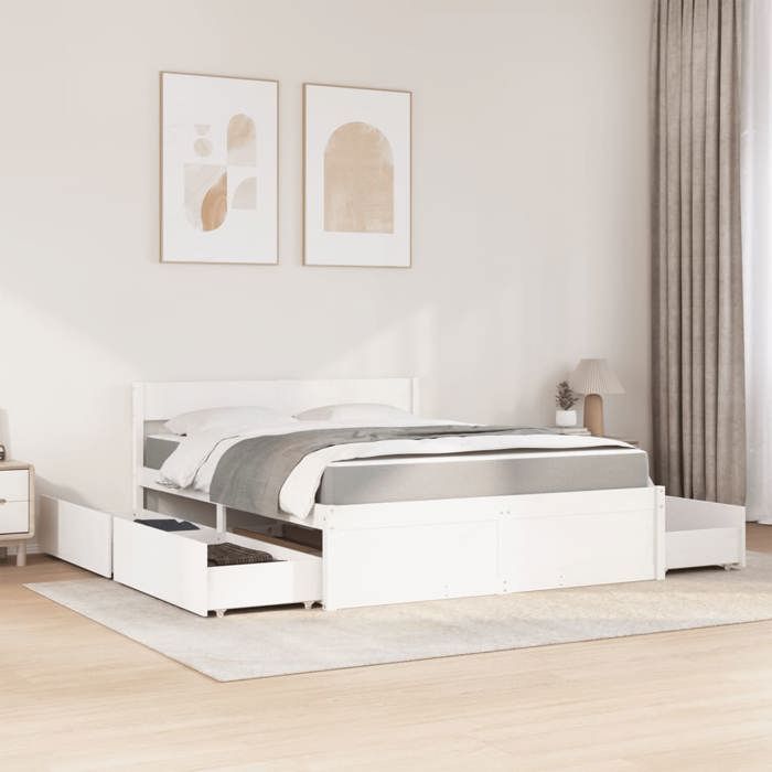 VidaXL Lit avec tiroirs et matelas blanc 160x200 cm bois massif de pin, meuble de chambre à coucher, lit en bois, lit avec 3281893