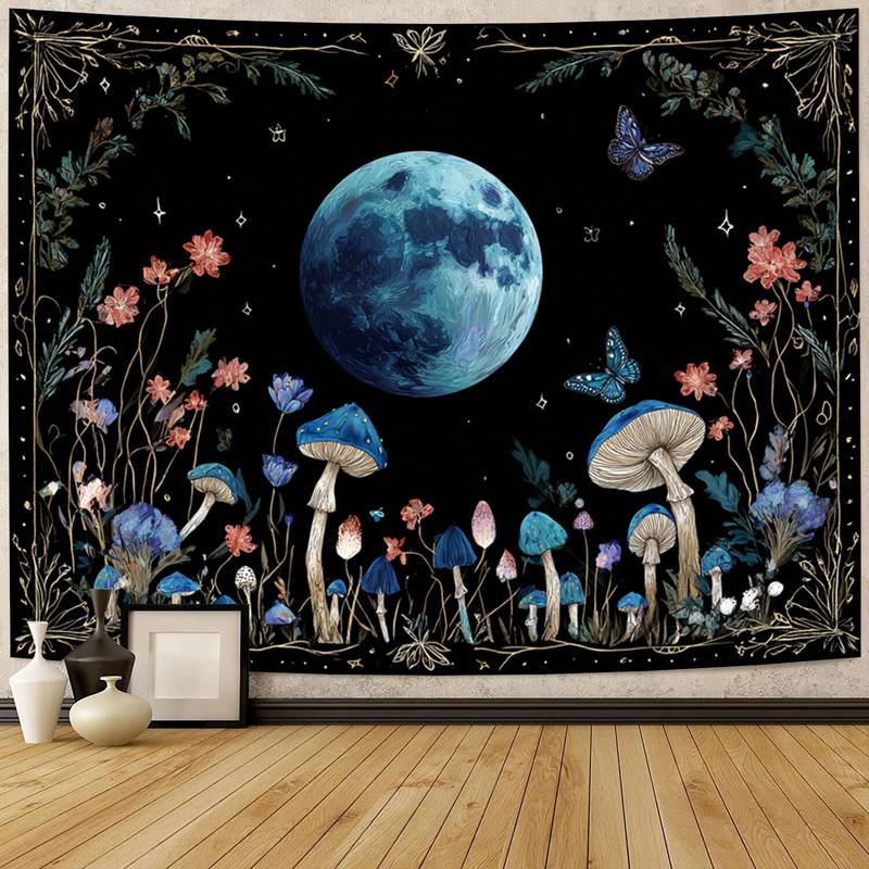 Witchy Moon & Skull Mushroom Tapestry - Dark Boho Celestial Floral Wall Hanging for Room Decor