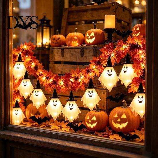 Unique Haunted House Accessories 70 Inch Halloween Light Up Ghost Garland, Spooky Maple Leaf String with 10 Durable Plastic Festive Lighting