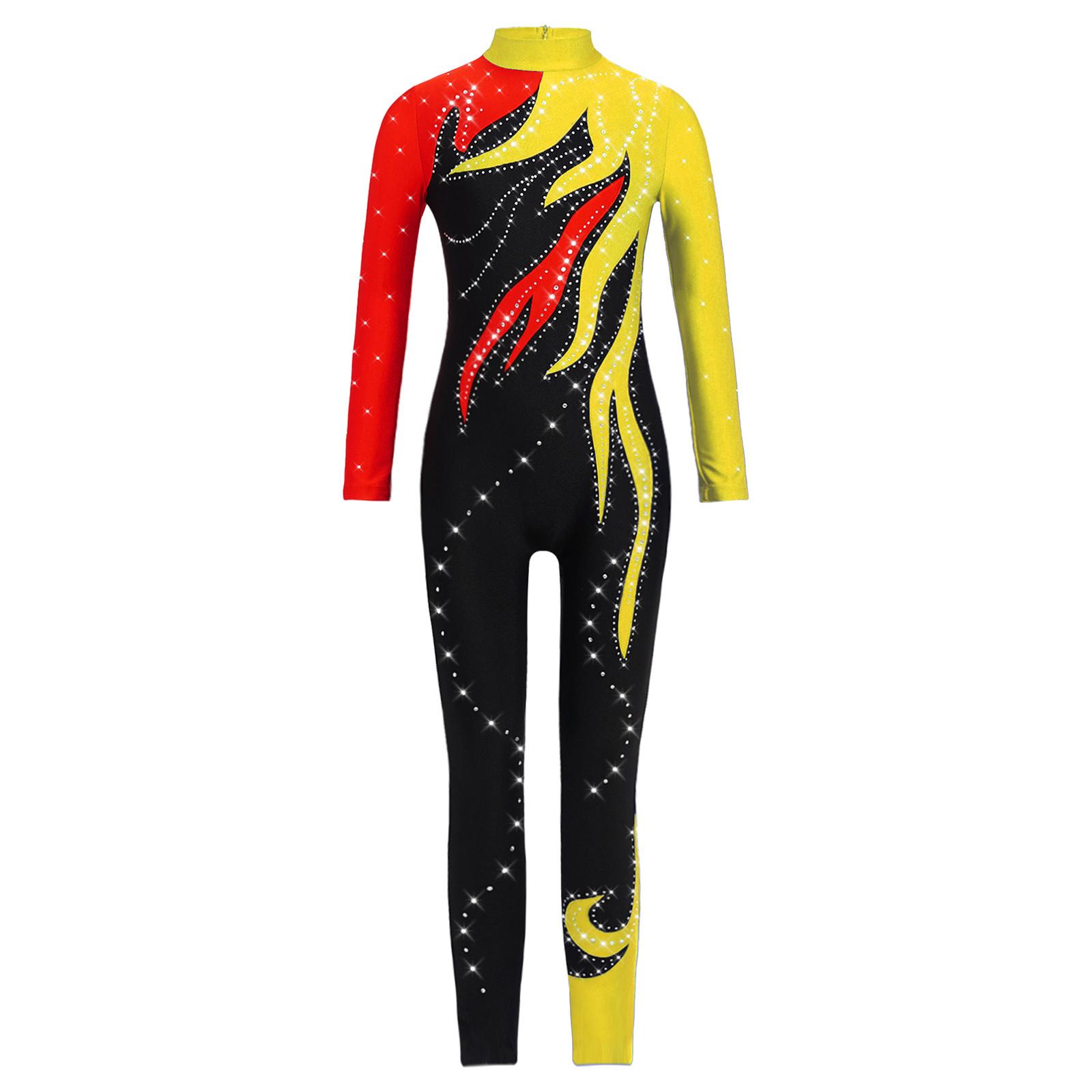 

Дівчачий кольоровий гімнастичний комбінезон з імітацією горловини, довгим рукавом, блискучими стразами, боді, леотард на все тіло 5-6 Years червоний/жовтий