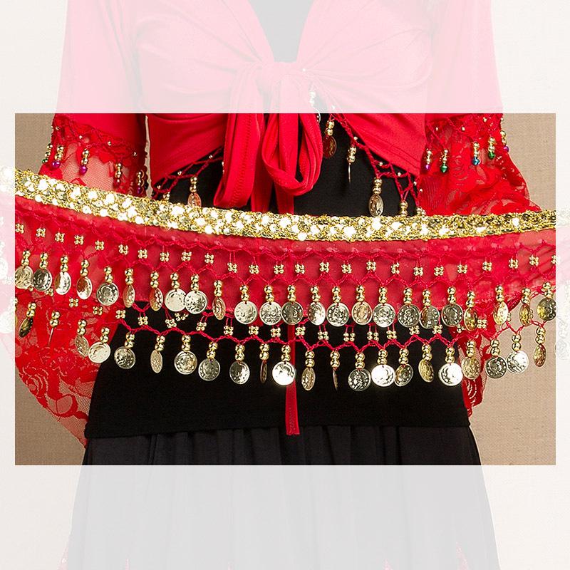 Gold-Edged Indian Dance Hip Scarf with Hanging Coins for Belly and Square Dance Performances