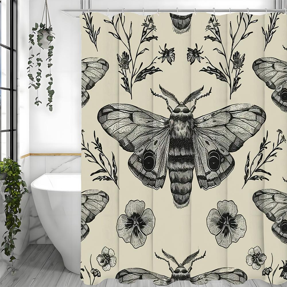 Moth Floral Shower Curtain, Bathroom Decorative Shower Curtain, Waterproof Shower Curtain with Hooks