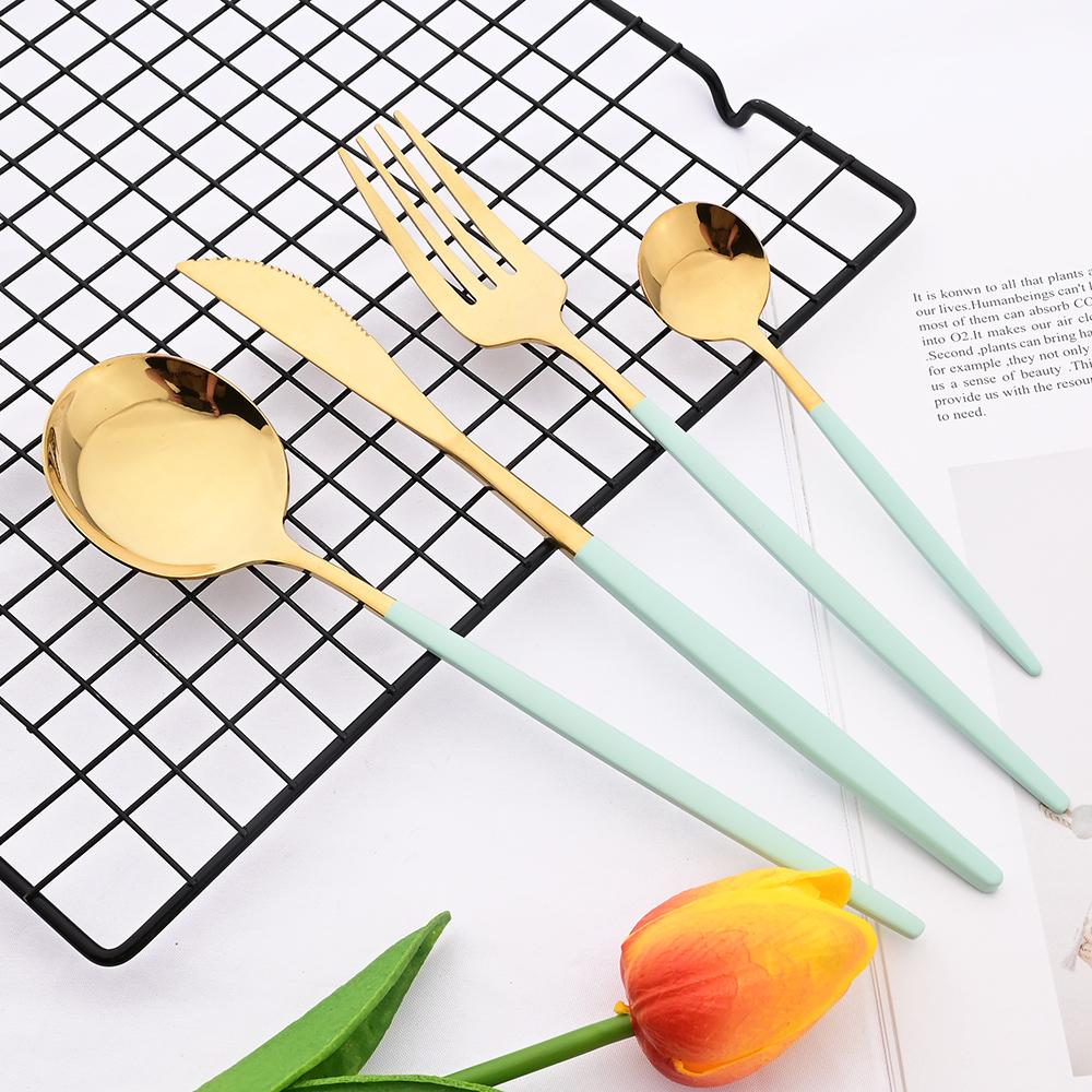 6People Luxury Gold Dinnerware Set Stainless Steel Tableware Set Knife Fork Spoon Flatware Cutlery Set Silverware Bright Light