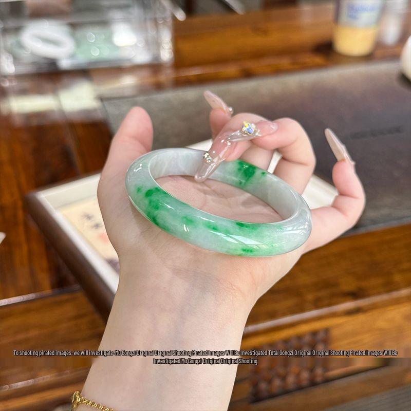 Young Master Mu 'Snow-Filled Chang'an' High-End Myanmar Jade Bangle for Women - Milk White with Flecks, Free Shipping