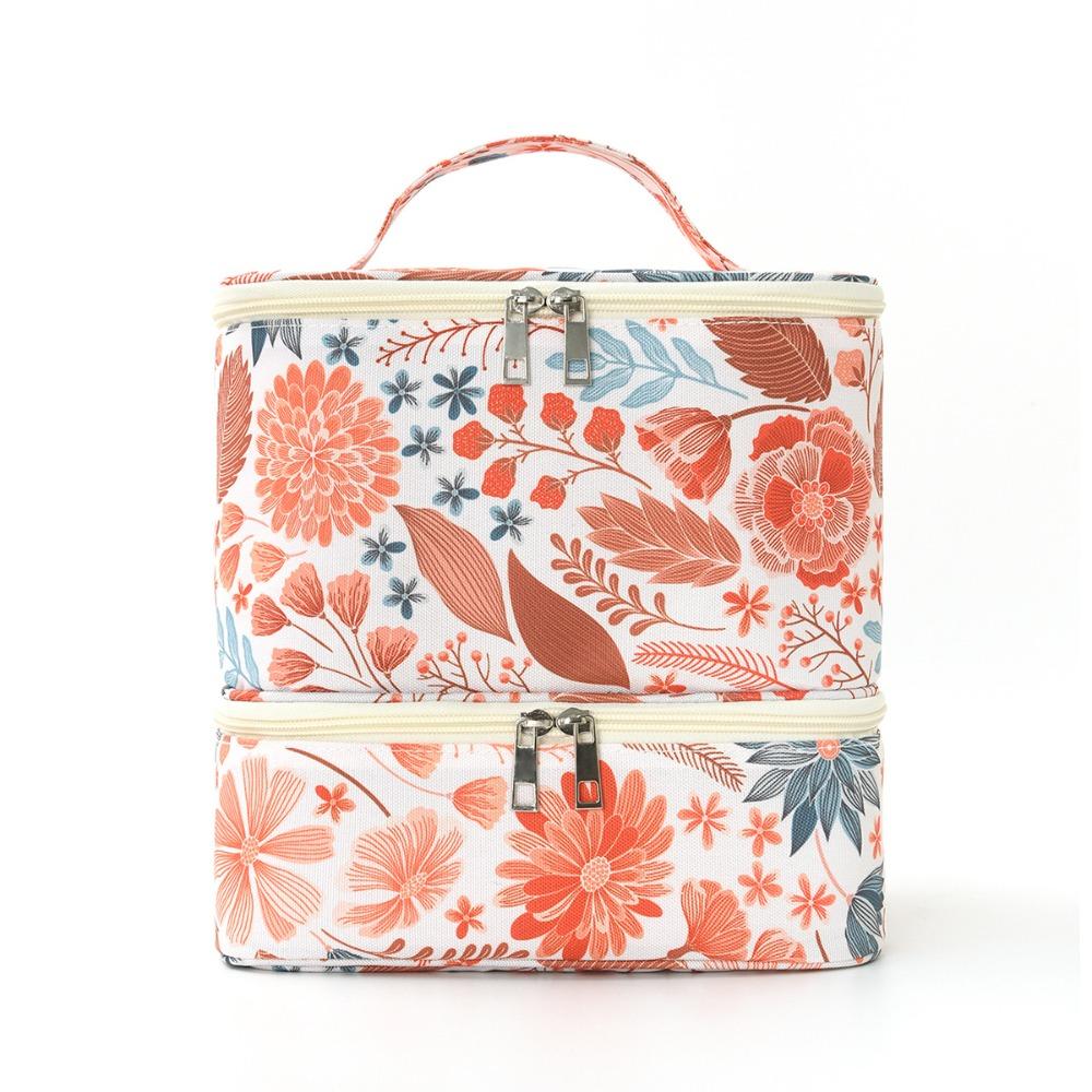 Double Layer Nail Polish Storage Bag Large Capacity Floral Print Nail Lamp Case Detachable with Handle Makeup Bag