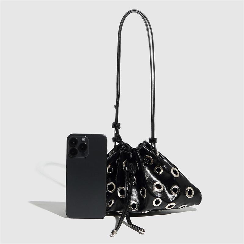 Women Metal Stud Shoulder Bag Large Capacity Retro Hollow Handbag Drawstring Crossbody Bag Shopping Vacation Handbag AVE