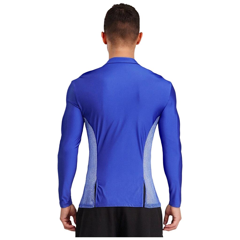 Pánské třpytivé kamínkové taneční top s límečkem do V, dlouhým rukávem, bočními síťovanými díly, patchworkem a rozparky, oblečení do tanečního sálu