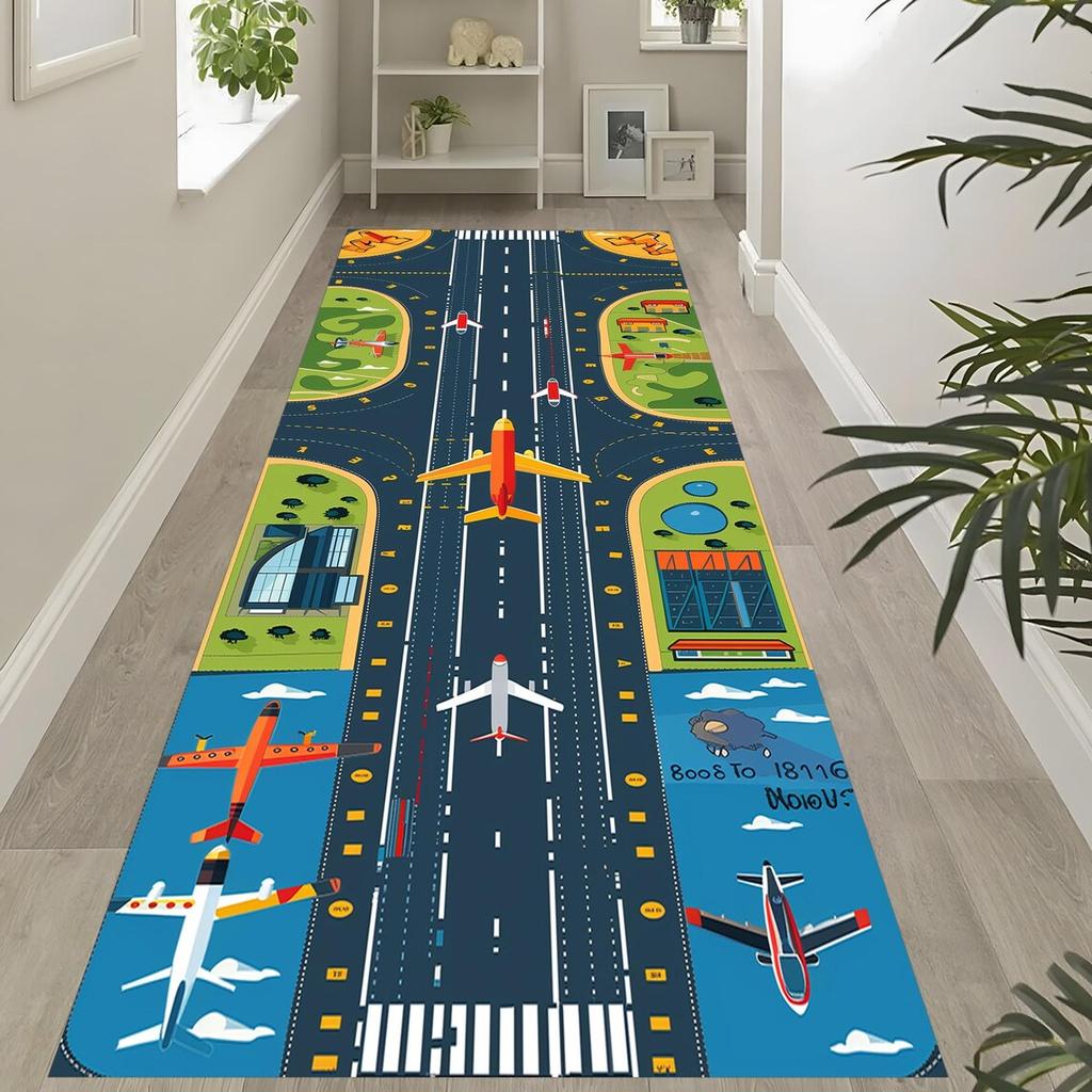 Kids Airport Runway Runner Rug Cartoon Aviation Traffic Themed Long Hallway Carpet Soft Non-Slip Play Floor Mat for Playroom