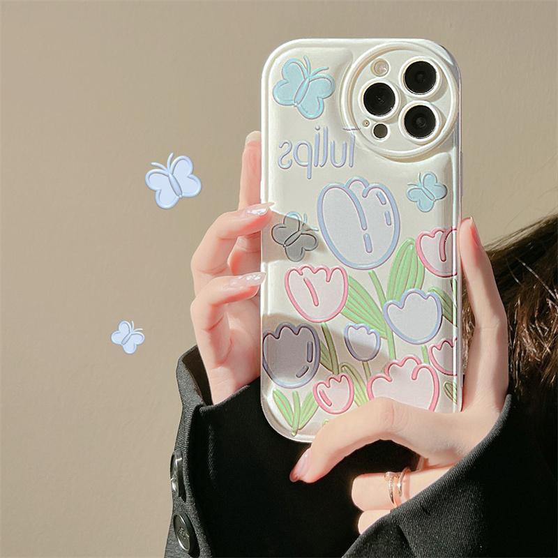 Świeży słodki biały kremowy tulipan motyl pełna krawędź miękka anty-upadek shell dla iphone 1411 13 Promax Xxs Xr 7 8 Plus etui na telefon 1129