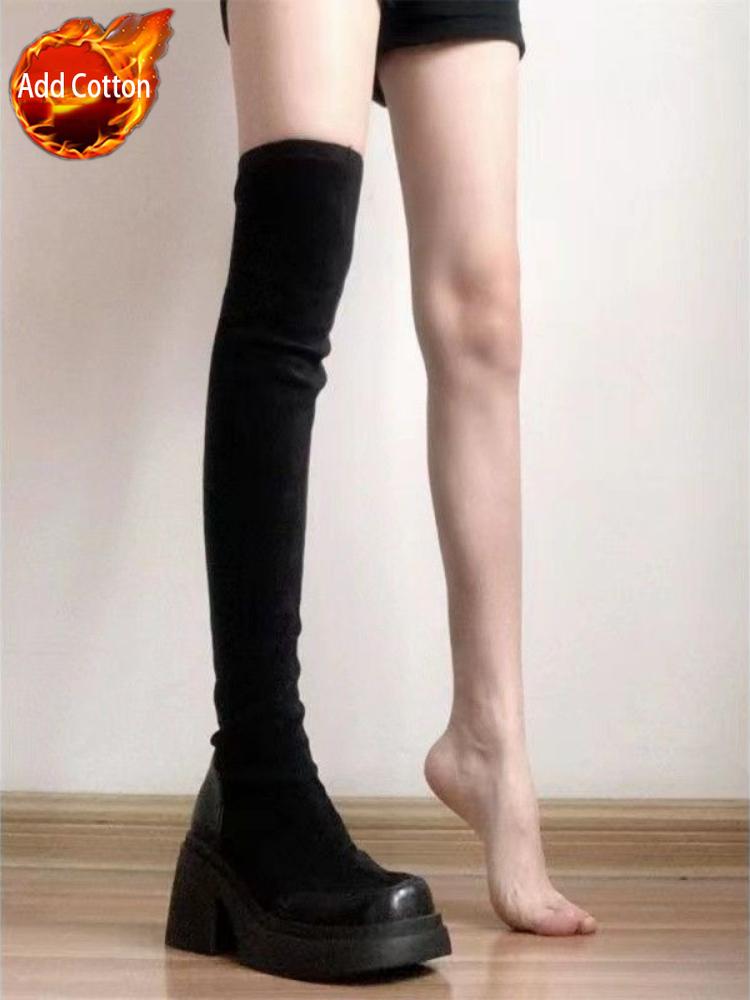 Fashion Elastic Black Round Toe Thigh High Boots for Women Spring Autumn Hot Work Gyaru Quality On Offer Above Over The Knee Shoes Woman