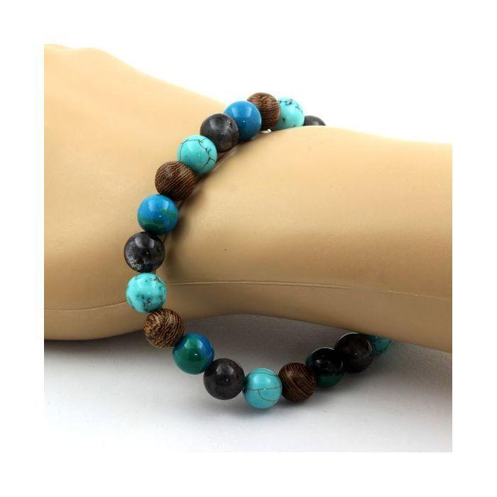 אבנים ומינרלים. צמיד טורקיז + כריזוקולה + לברדוריט + עץ 8 מ"מ. יוצר בצרפת.