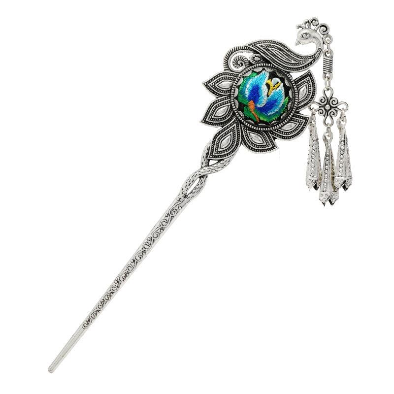 Vintage embroidery earrings hairpin classical temperament Miao peacock flower fringed earrings hair accessories set women