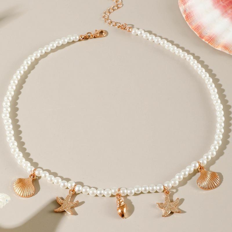 Bohemian Starfish Colored Rice Bead Necklace, Beach Scallop Imitation Pearl Necklace Necklace for Women