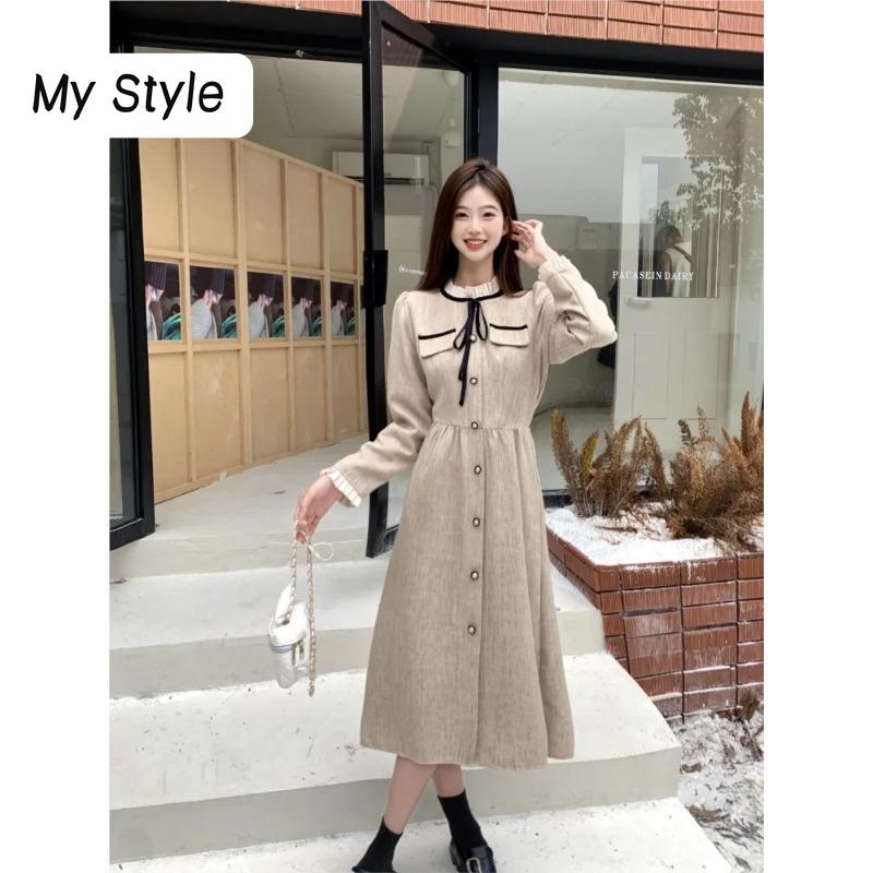 

Весенне-осеннее новое платье во французском стиле с узкой талией, нежное однотонное платье на шнуровке с длинными рукавами и воротником