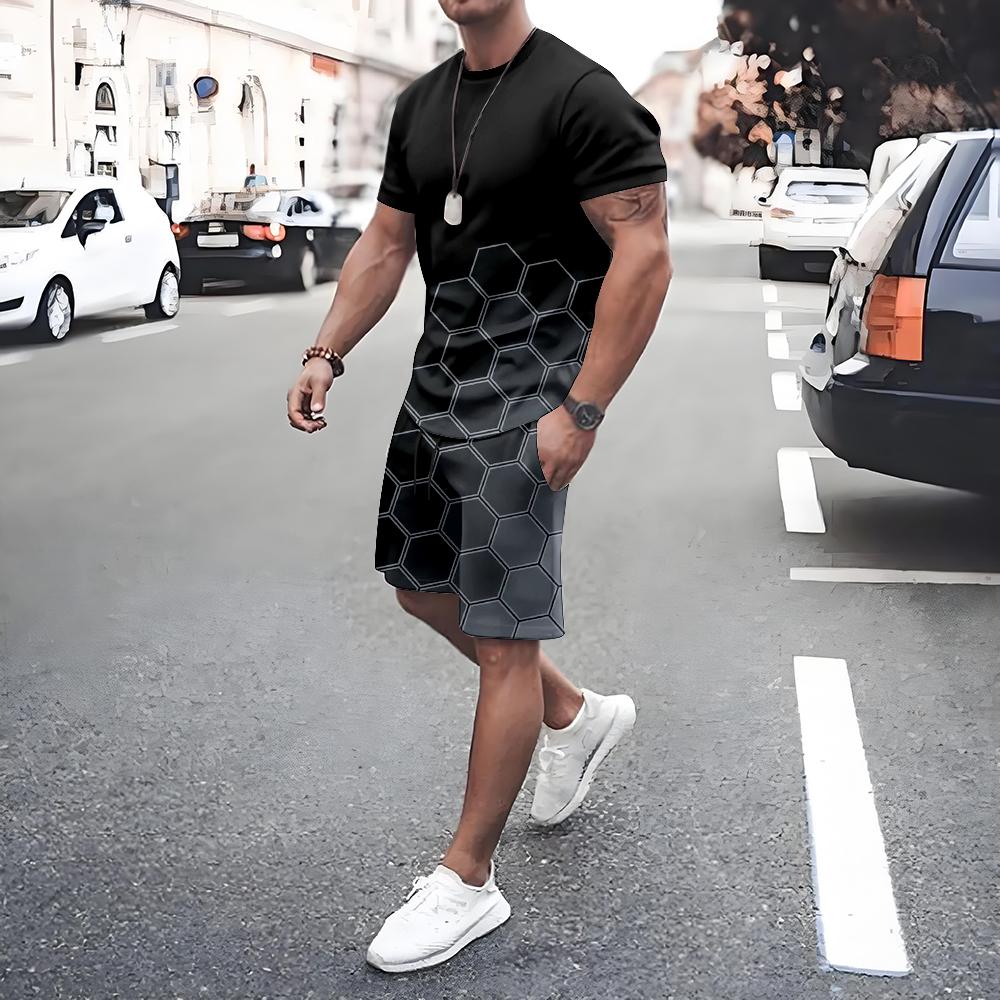 Plus Size Men's T-shirt Shorts 2-piece Set Men's Drawstring Side Pocket Shorts Sports Short Sleeve Tee Summer New Men's Clothing