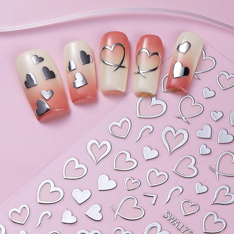 3Pcs Bronzing Love Heart Nail Stickers Red Gold Silver Line Love Nail Decals Diy Adhesive Slider Valentine'S Manicure Decoration