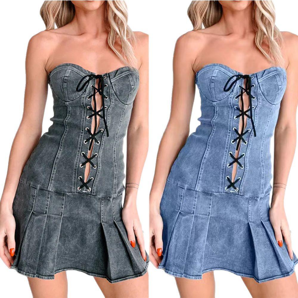 Abito estivo in denim senza spalline a vita bassa 2025 per donna - Europeo e Americano