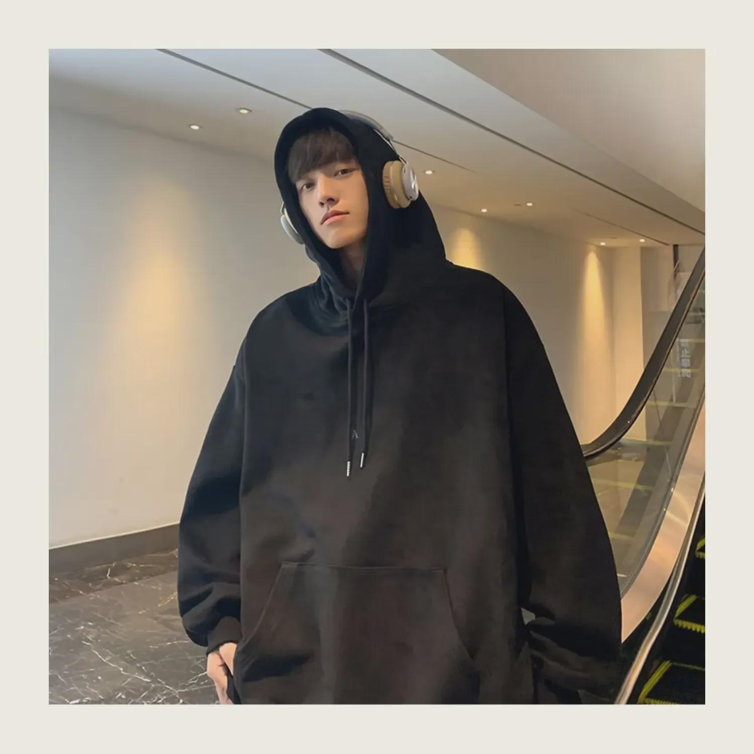 

Мужская замшевая толстовка 2024 года: Модная, плотная, свободная верхняя одежда с капюшоном и вышивкой XL чёрный