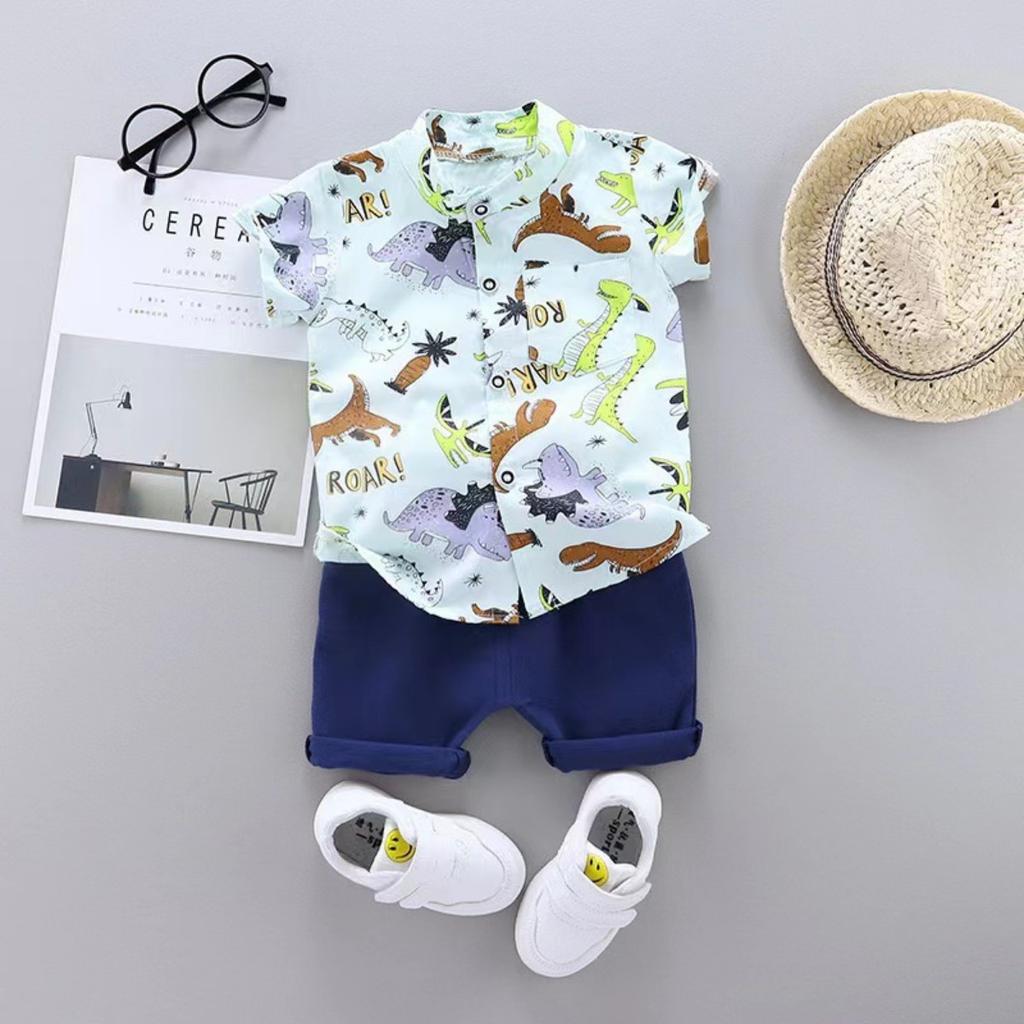 Summer Printed Pyramid Shirt Short Sleeved Shorts Set for Male and Female Infants and Young Children