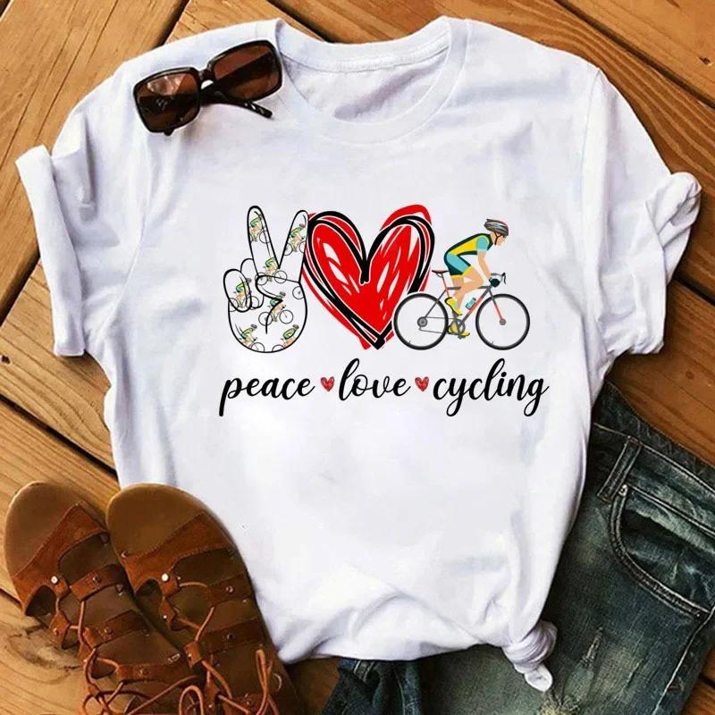 Spring Summer Ladies Floral Bicycle Pattern Fashion Cartoon Print White Letter T-shirt Woman Clothes T Shirt Tops Tee Graphic