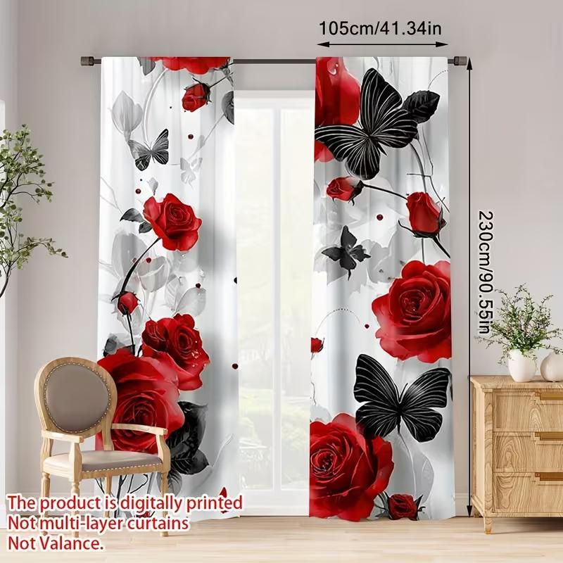2Pcs Roses and Butterflies Print Curtains,suitable for Bedroom,living Room Kitchen Decoration,home Decoration,window Decoration
